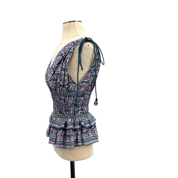 Omika Adaline Top Sleeveless Smocked Peplum Floral Print Blue Pink Green Size XS - Picture 5 of 9